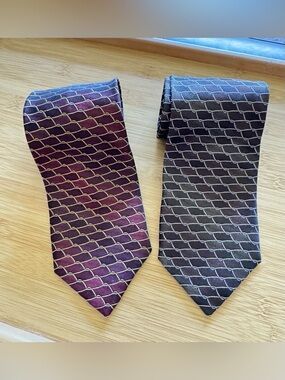 FROG Brand Men’s Geometric Print Silk Neckties- Set Of 2- Made in Italy 60”